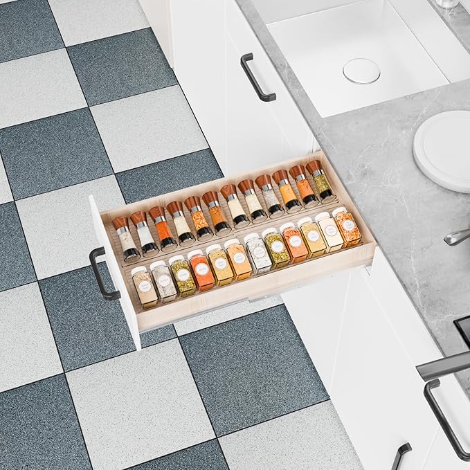 Yieach 8 Pack Adjustable In Drawer Spice Organizer - Expandable From 11" to 22" - Clear Acrylic Seasoning Organizer with Jars for Kitchen Drawer,Horizontal Tiered Kitchen Spice Organization & Tray