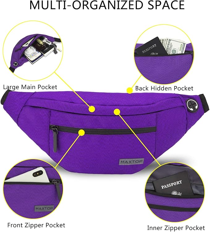 MAXTOP Large Crossbody Fanny Pack with 4-Zipper Pockets, Gifts for Enjoying Sports, Festivals, Workouts, Traveling, Running, Casual Wear - Hands-Free Wallets Waist Pack Phone Bag Carrying All Phones