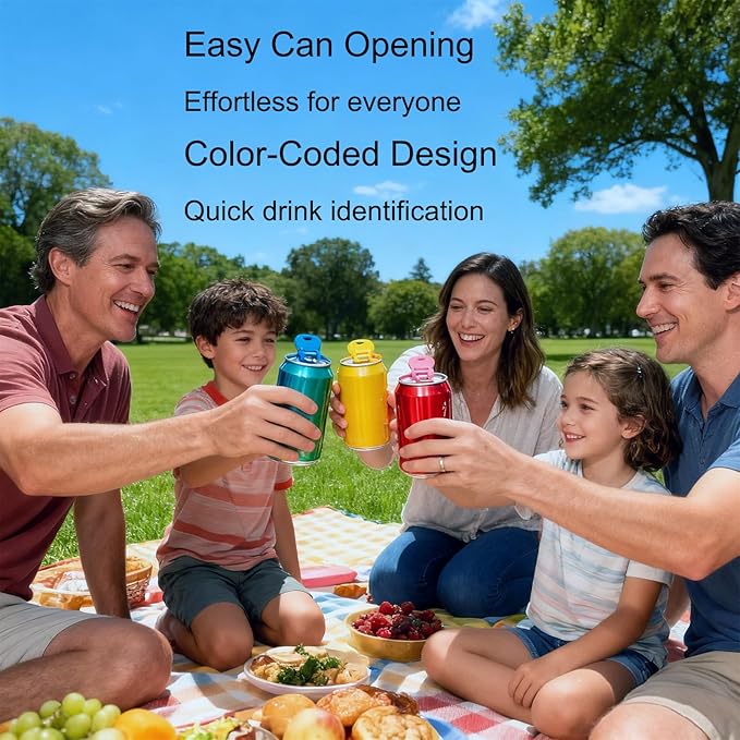 Soda Can Opener Set, 10PCS Easy Tab Opener and Drink Protector with Reusable Complete-Cover Plastic Can Toppers, Fits Coke, Beer & Aluminum Beverage Cans, 5 Colors Lids for Party, BBQ, Camping