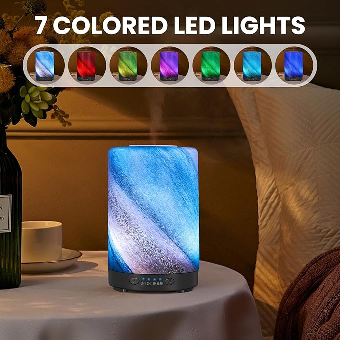Essential Oil Diffuser, 120 ml Glass Aromatherapy Diffuser with 7 Color Lights, Auto Shut-Off and 4 Timer Settings, Ultrasonic Cool Mist Diffuser for Home Room Office (Galaxy Mist)
