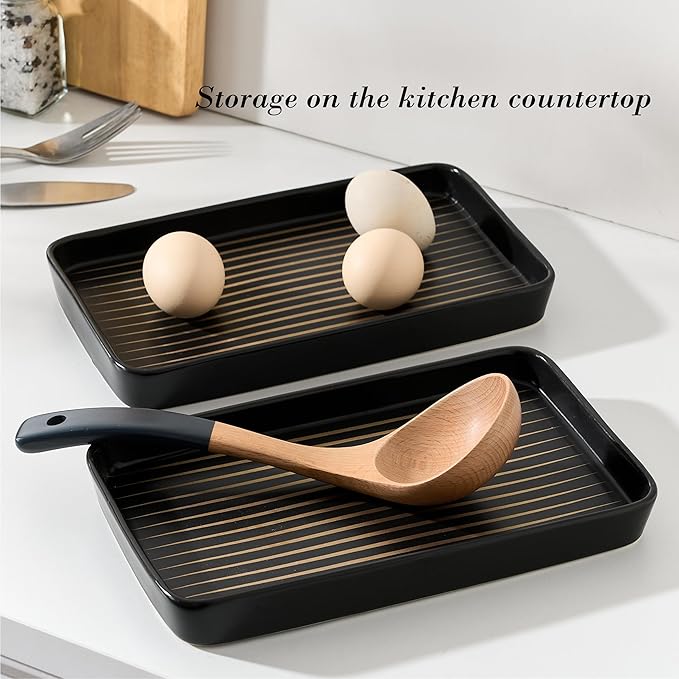 10"×6"×1" Black Bathroom Vanity Tray for Countertop- Ceramic Decorative Organizer Tray for Dresser Tops, Toilet, Perfume, Sponge Holder Soap Dish Dispenser for Kitchen Counter- Golden Stripes