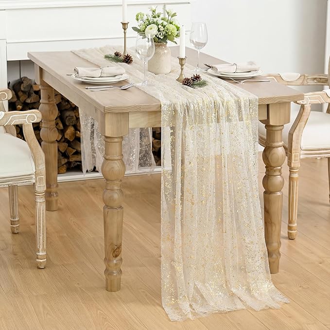Horaldaily Apricot Gauze Tablecloth 60x60 Inch Square, Golden Sequin Glitter Metallic Foil, Sheer Tulle Cheesecloth for Wedding Baby Shower Ceremony Birthday