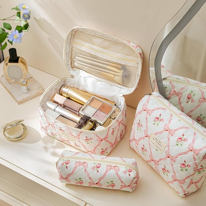HBselect Quilted Makeup Bag, 3PCS Cotton Large Travel Makeup Bag, Cute Floral Coquette Make up Bag Cosmetic Bag Toiletry Bag for Women Girls