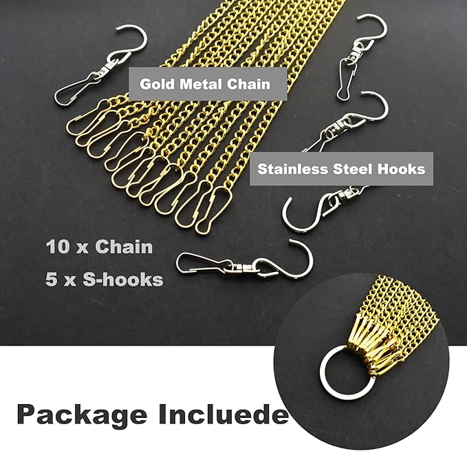 10 Pcs Fine Hanging Chain(1.2mm Dia.) Small Hang Bracket Decorative Replacement Link Chains Hooks for Sign Planter Bird Feeders,16 inch Long Gold Metal Chains and 5 Pcs Swivel S-Hooks