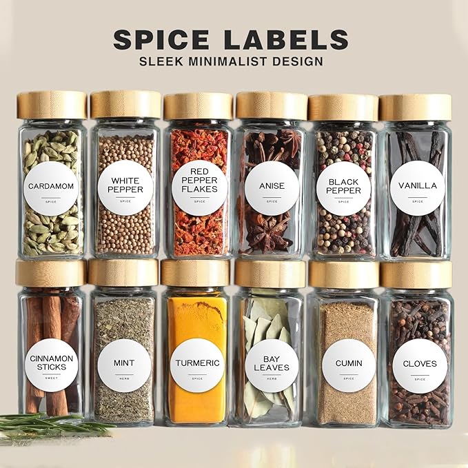 245 Spice Jar Labels - Round Preprinted Minimalist Waterproof Stickers for Kitchen Jars, Herb & Seasoning Labels for Pantry Organization (White)