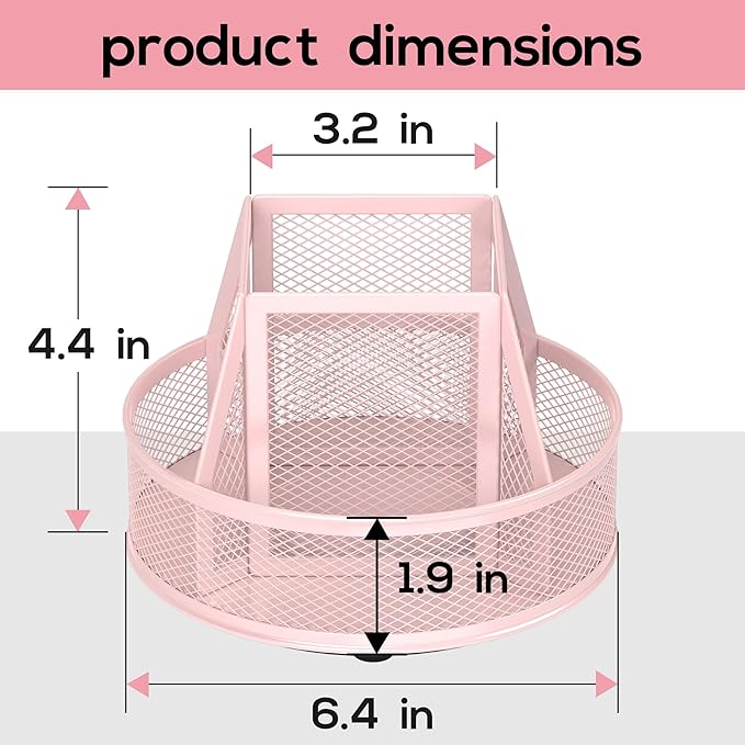YINGHUA Metal Mesh Desk Organizer with 5 Compartments and Rotating Pencil Holder Pen and Stationery Organizer for Office Home School Anti Slip Base Pink