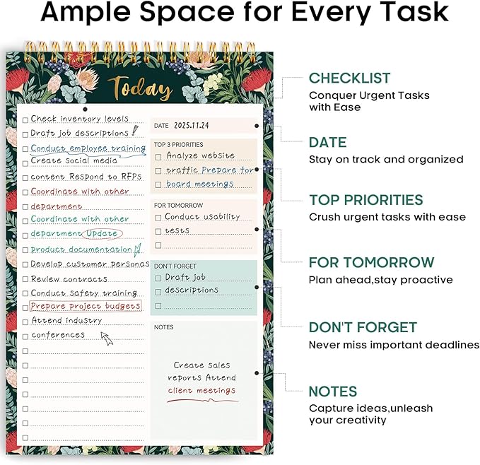 Taja To Do List Notepad - To Do List Notebook for Work with 52 Sheets, 9.8" x 6.5", Undated Daily Planner Perfect for Daily Tasks and Goal Setting, Notepad Suitable for Office, Home & School - Sage Blossom