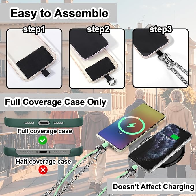 XANGNIER Clip and Go Strap for Phone with Wallet Crossbody, Phone Strap with Zippered Wallet, Adjustable Anti Theft Cellphone Lanyard for Women, Cellphone Chain Accessories, Chain Black