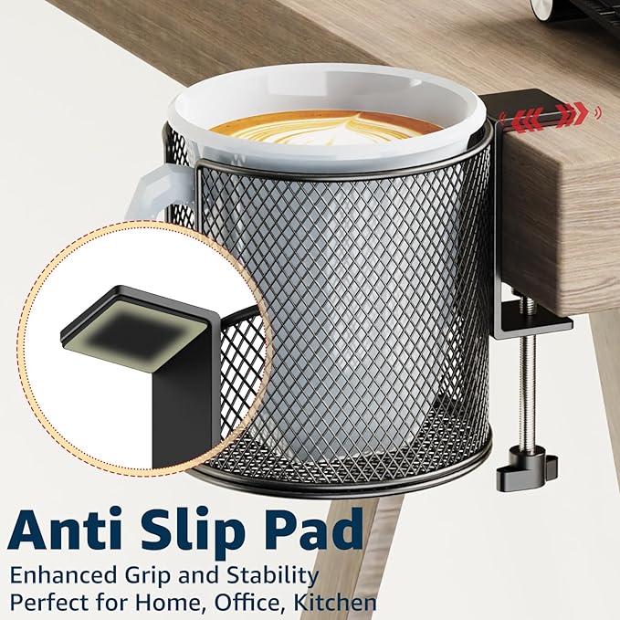 Large Desk Cup Holder, Fully Covered Anti-Spill Clip on Table Cup Holder, Office Gaming PC Desk Accessories, can Hold Universal Cup, Bottles, Mugs, Cans, Tumblers, 3.95" Inner Diameter(1 Pack Black)