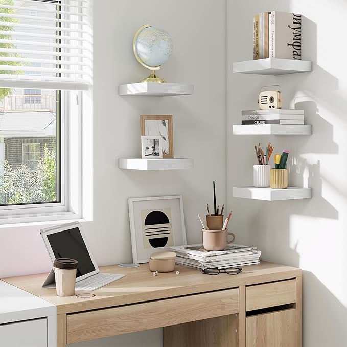 fuqing Floating Shelves for Wall, Wall Mounted Wood Floating Shelf with Invisible Brackets for Living Room, Bathroom, Bedroom, Kitchen Storage and Decor, 6.5 Inch Set of 3, White
