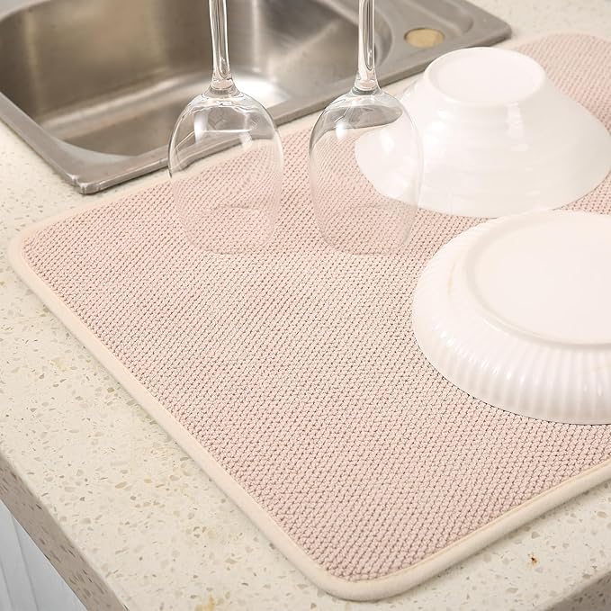 VESHE 2 Pack Microfiber Dish Drying Mat for Kitchen Counter,Ultra Absorbent Dish Drainer Mat ,Dish Drying Pad ,Dish Rack Mat 20×15 Inch (Beige)