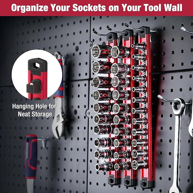 WORKPRO Magnetic Socket Organizer, 3/8-Inch Drive Aluminum Alloy Sockets Rail, Heavy Duty Sockets Holder, Socket Rack Kit 3/8-Inch x 10 Clips (Red)