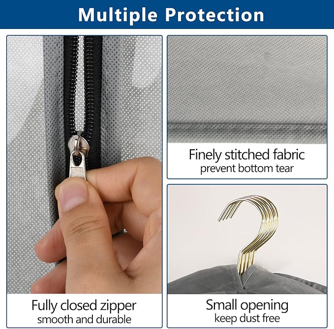 3 Pack 60" Long Garment Bags for Hanging Clothes Storage, Clear Suit Garment Bags with 4" Gussets for Closet Storage Travel, Plastic Protector for Dress Gowns, Coats, Suit, Down Jacket