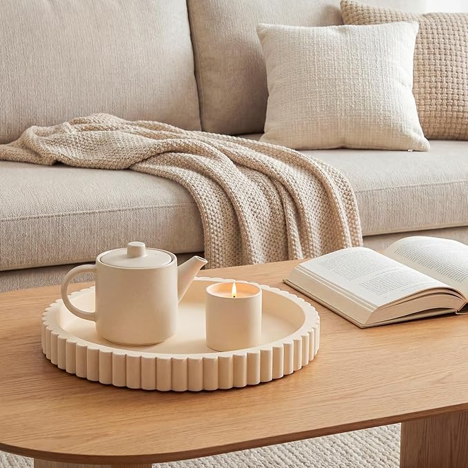 15" Modern Cream White Oval Concrete Decorative Tray for Coffee Table Decoration, Decorative Ottoman Tray for Serving and Home Decor Accent, Bandejas Decorativas Gift