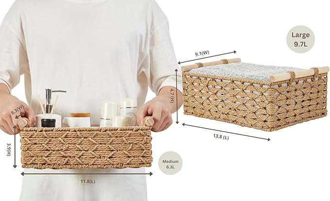 DECOMOMO Wicker Storage Basket, Back of Toilet Basket, Bathroom Organizer, Toilet Tank Tray, Countertop, Home Decor (Beige, Set of 2)