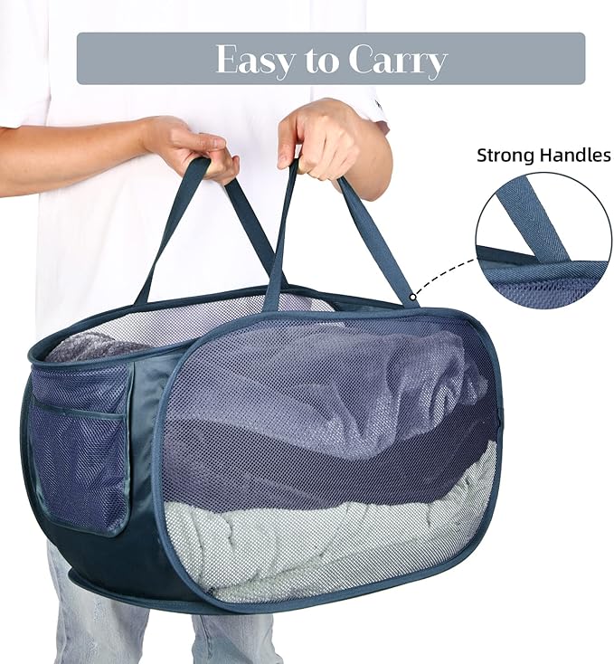 4 Pack Collapsible Laundry Baskets, Foldable Laundry Basket with Pocket, Durable Pop Up Hampers, Reinforced Handles Dirty Clothes Hamper for Laundry, Bedroom, Bathroom, Dorm, Travel or Camping Navy