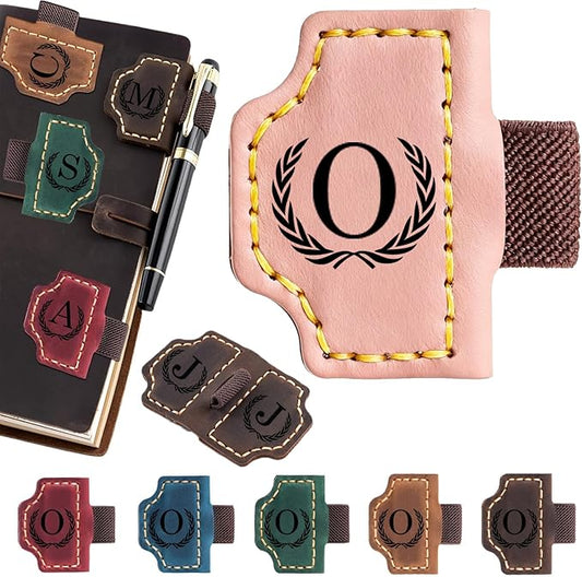 Artlaza Personalized Magnetic Leather Bookmark with Pen Holder - 26 Letters Custom Book Mark with Name Initial Engraved Book Marker for Readers, Book Lovers, Travelers - Gift for Women & Men(Pink，O