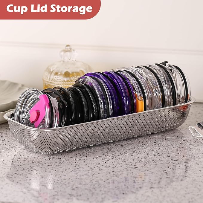 2Pack Stainless Steel Tumbler Cup Lid Organizer Inside Cabinet, Mason Jar Lid Holder, Rectangular Basket for Storage of Silverware, Chopsticks, Straws, and Utensils