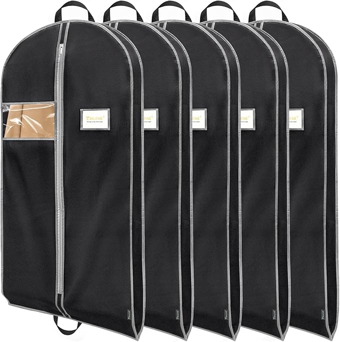 BALEINE 5PK Heavy Duty Garment Bag with Shoe Storage Travel Bag for Dresses, Suit, Coats Travel Essential (54", Black)