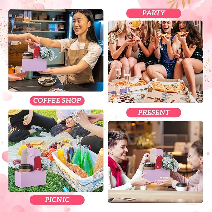 MotiMind 30 Pack Mother's Day 2 Cup Drink Carrier with Handle, Kraft Paperboard Teacher Cup Holder Portable for Hot Cold Drinks, Coffee Carrier Gift with Heart Card Rope (Light Purple)
