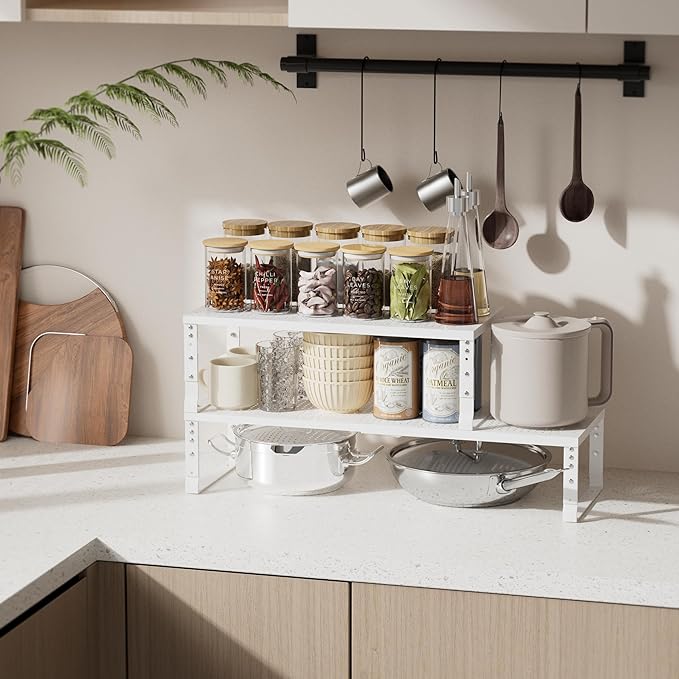 Zilvando Expandable Spice Rack & Kitchen Cabinet Organizer - Stackable, Adjustable Shelves for Cabinets, Countertops, Cupboards & Pantries(2 Packs/Large/White)