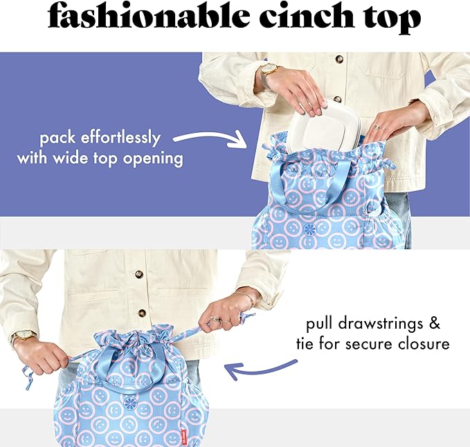 Fit & Fresh Cromwell Drawstring Lunch Bag for Women, Complete Lunch Set with 2 Containers, Stain-Resistant, Leak-Resistant, Back to School Essential, Teacher Lunchbox, All Smiles Bubble Gum
