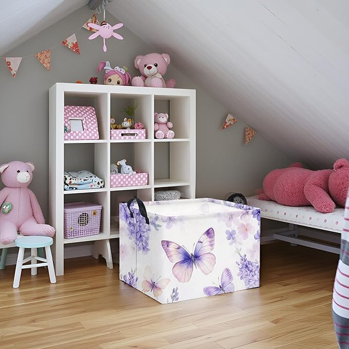 Rectangular Kids Storage Basket Baby Storage Basket with Handles for Home Kitchen Boys and Girls Cute Toy Storage Bin Organizer Shelf Book Room Decor(Purple Butterfly)