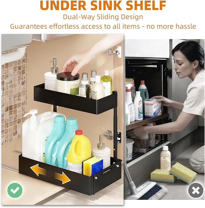 2 Packs Under Sink Organizer with Adjustable Height and Width, Under Cabinet Organizer to Tidy, Sturdy Metal Design for Kitchen and Bathroom