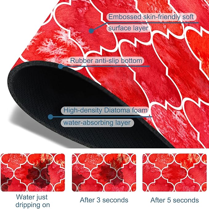 Watercolor Moroccan Marbled Sink Splash Guard Red Tiles Faucet Absorbing Mat Fast Drying Mat Sink Gadgets Splash Guard Behind Faucet Drip Catcher for Kitchen Bathroom, 23.5"x5.5"