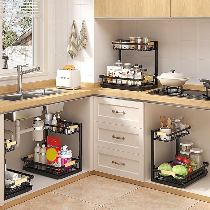 2 Packs Under Sink Organizer, Height Adjustable 2 Tier Under Kitchen Sink Organizer, Multi-Purpose Storage Shelf for Kitchen Bathroom Cabinet (Black)