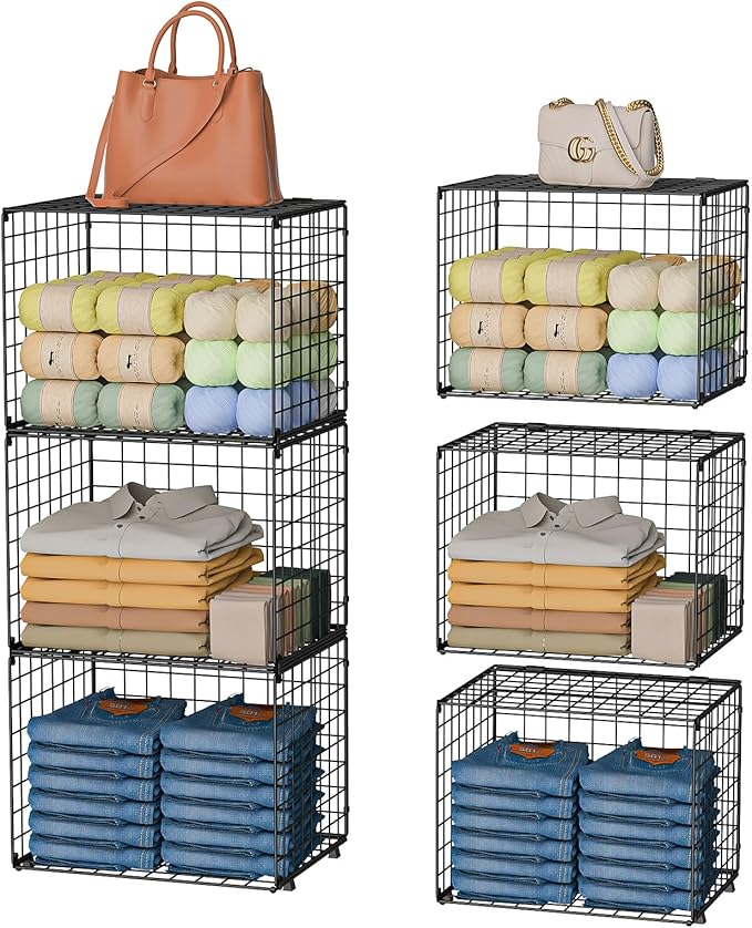 Upgraded Wider & Taller Closet Organizer with Wire Top Shelf, 3-Pack Stackable Closet Shelf Organizer, Space-Saving Clothes Organizer Basket for Closet and Wardrobe, Black