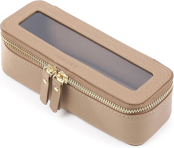 Aveniee Clear Makeup Brush Bag, Slim Cosmetic Brush Holder, Small Travel Toiletry Bag for Women, Thin Make up Bags with Dual Zipper, Mini Travel Essentials Organizer - Taupe