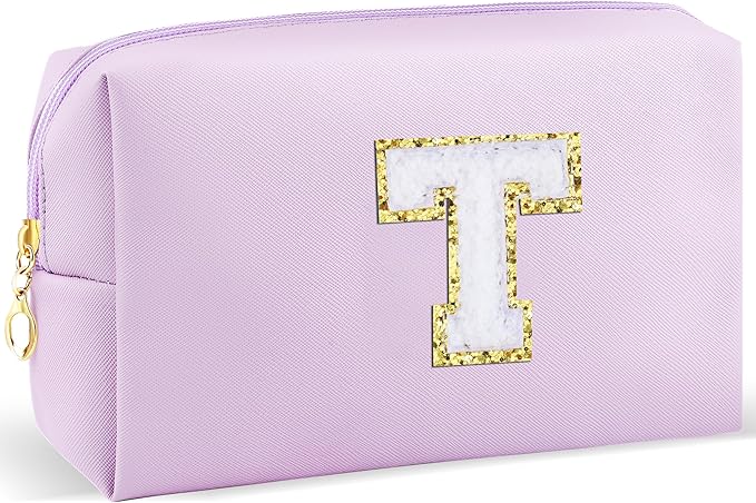 Gifts for Girls Initial Makeup Bag Personalized Cosmetic Bag with Zipper Cute Travel Toiletry Bag Waterproof PU Preppy Makeup Pouch Birthday Gift for Teen Girls Women(Purple T)