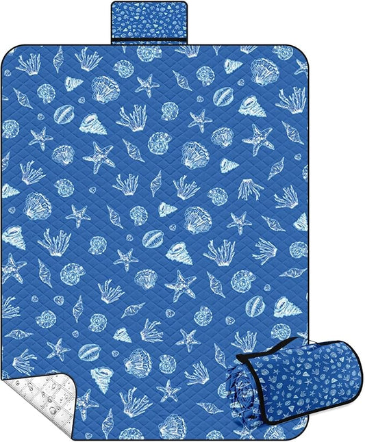 Waterproof Picnic Outdoor Blanket, 79" x 59" Sandproof Foldable Large Picnic Blanket for Beach, Camping, Park, Travel, Concert, Great Gift for Families and Couples (Blue Sea Shells)