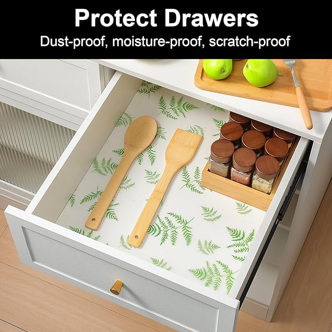 Cooyes Shelf Liners for Kitchen Cabinets, Waterproof and Oil-Proof Kitchen Cupboard Liner, Refrigerator Liners and Plastic Drawer Mats EVA Non Adhesive Shelves（17.5" W x 197" L）