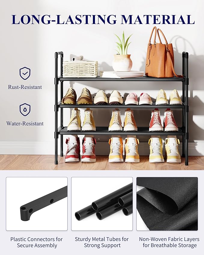 Kitsure Shoe Rack - 3-Tier Shoe Organizer, Shoe Rack for Closet, Entryway, Bedroom, Easy- Assembly Storage Shelf with Side Handles, 27.6" Wide - 3 Tiers, Black