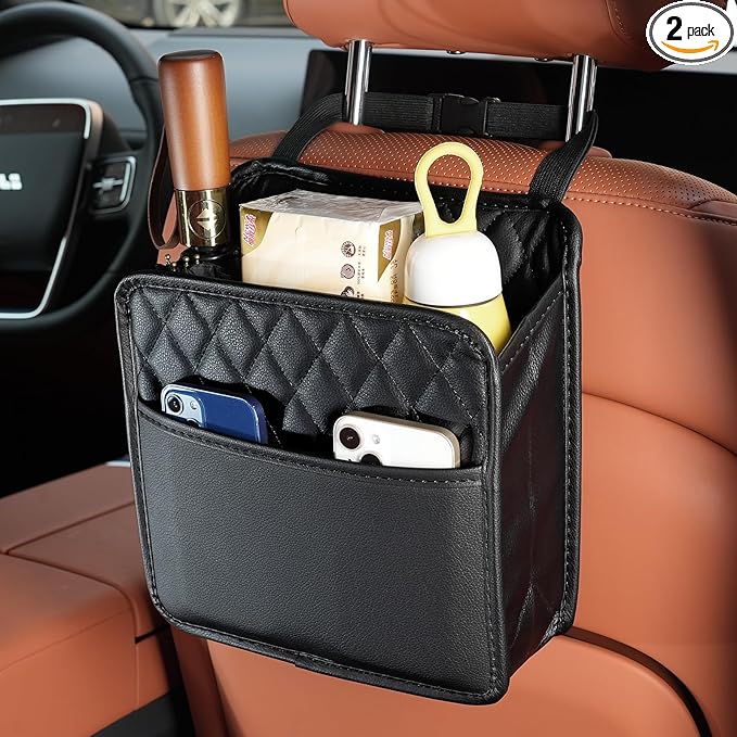 2Pack Car Seat Back Hanging Bag Car Document Holder Multi-Pocket Bottle Bag Storage Waterproof Pu Leather Box Organizer Travel Tidy Pouch Pocket Kids