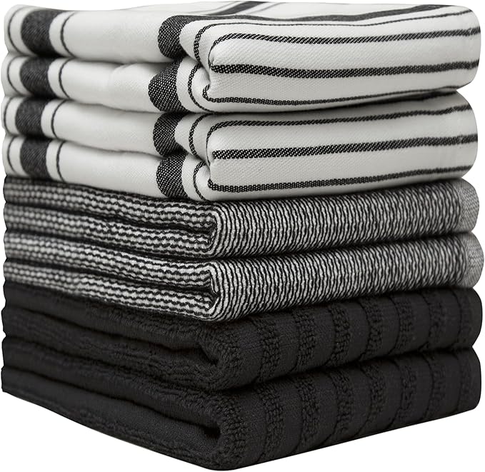 Premium Kitchen Towels (20”x 28”, 6 Pack) | Large Cotton Dish Towels | Flat & Terry Highly Absorbent Kitchen Linen Set with Hanging Loop | Black Striped
