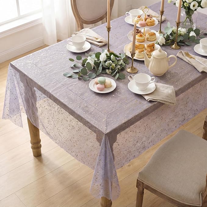 Horaldaily Grayish Purple Gold Tablecloth 60x120 Inch Rectangular, Golden Sequin Glitter Metallic Foil, Sheer Tulle Cheesecloth for Wedding Baby Shower Ceremony Birthday