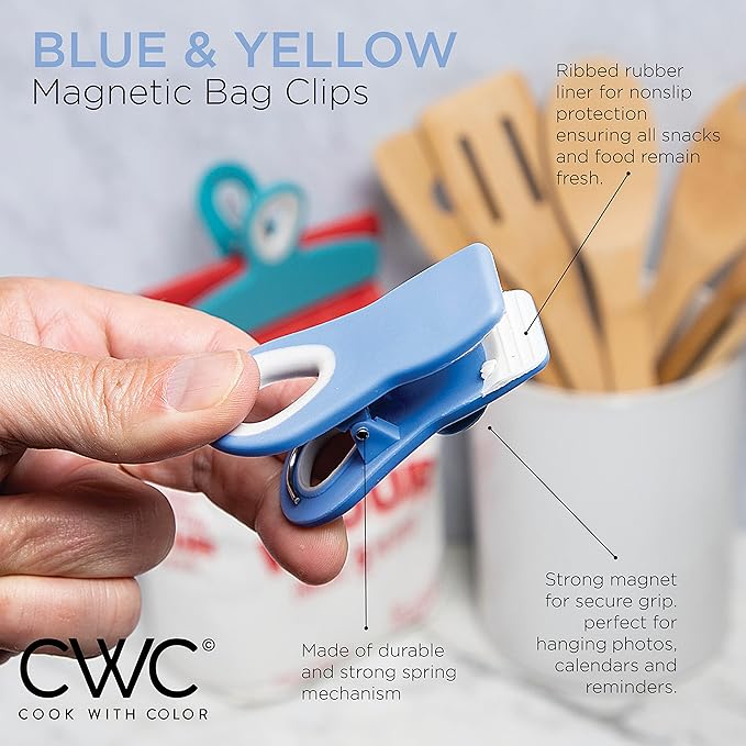 COOK WITH COLOR Bag Clips with Magnet - Chip Clips, Food Storage with Airtight Seal Grip for Bread, Snack and Food Bags (Yellow and Blue, Pack of 20)