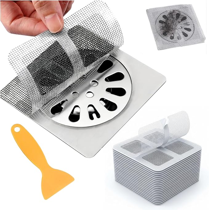 100 Pack Square Disposable Shower Drain Hair Catcher Stickers - Waterproof Drain Covers for Bathroom Floor, Sink & Bathtub, Easy-Peel Drain Hair Trap for Clog Prevention & Hygiene