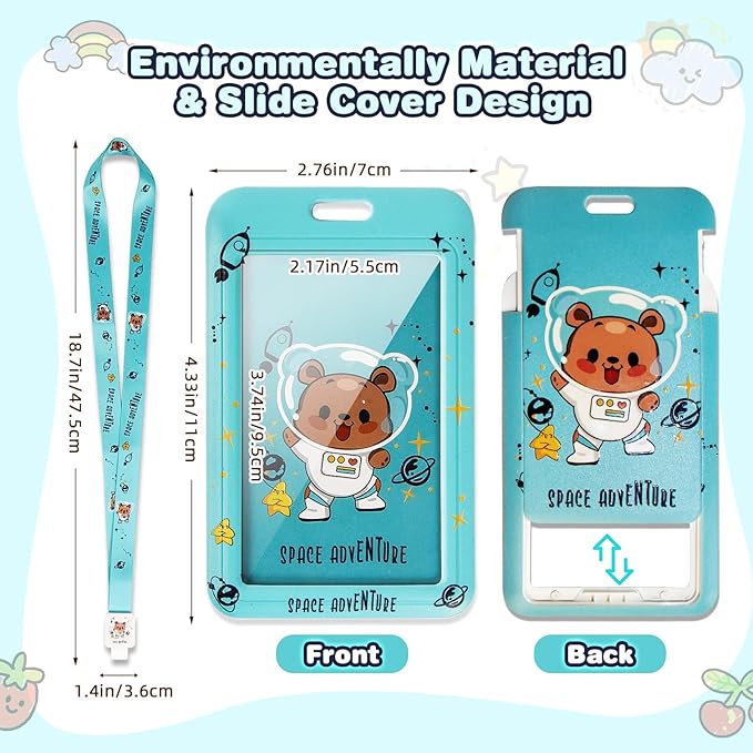 Cute ID Badge Holder with Clip Badge Reels and Lanyards with Badge Reel with 15 inches Pull Cord for School, Teacher, Student, Women, Men (AstroBear)