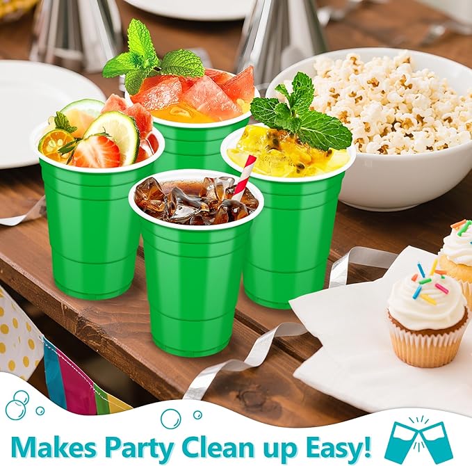 LANLISA 100 Green Plastic Cups, 16 oz Disposable Cups, Drinking Cups For St Patricks Day, Christmas Party Supplies
