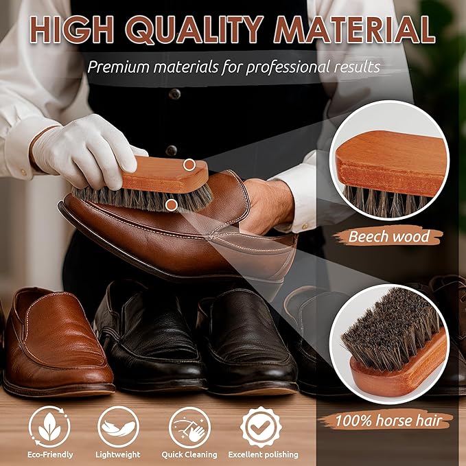 6.7" Horsehair Shoe Shine Brush - 100% Soft Genuine Horse Hair Bristles - Unique Concave Design Wood Handle - Comfortable Grip, Anti Slip - for Boots, Shoes & Other Leather Care (#1)