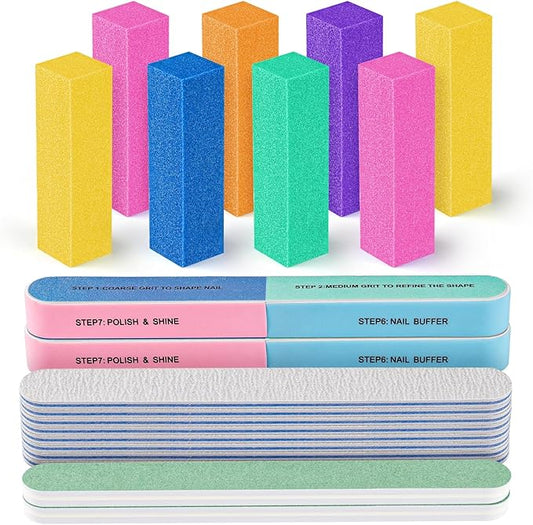 FANDAMEI Nail Buffers and Files, 8PCS Colorful Nail Buffer Block, 8PCS Blue Nail File, 2PCS 7 Way Nail File & 2PCS Nail Polishing Buffer. Professional Nail Care Tools Kit.