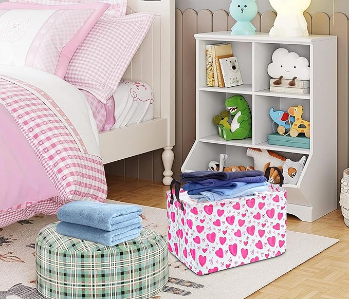 Rectangle Gift Storage Basket Home Shelf Storage Basket Organizer Box Clothes Laundry Hamper Nursery Basket Laundry Basket with Handles (Heart)