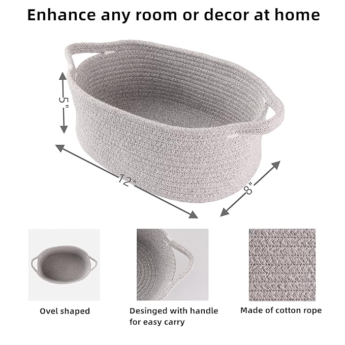 Small Woven Basket Cute Oval Cotton Rope Gifts Basket with Handle Empty Baby Wicker Storage Baskets Nursery Box Bin Kids Organizer Cat Dog Toy Baskets Easter Baskets Grey