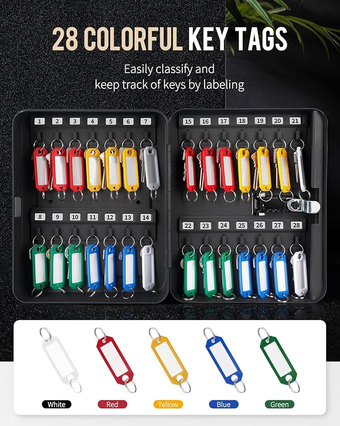 Uniclife 28 Position Key Cabinet with Combination Lock Resettable Black Digital Security Storage Box Steel Key Organizer with Colorful Key Tag Labels Stickers and Hooks