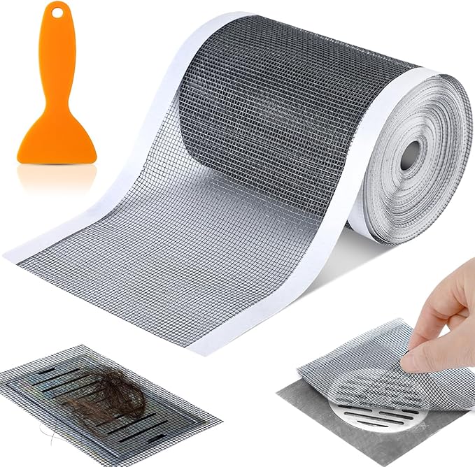 1 Pack 4 Inch x 33 ft Linear Shower Drain Hair Catcher Screen Disposable Adhesive Cutable Mesh Shower Drain Cover Stickers for Linear DIY Floor with Removal Tool for Bathroom Kitchen Bathtub