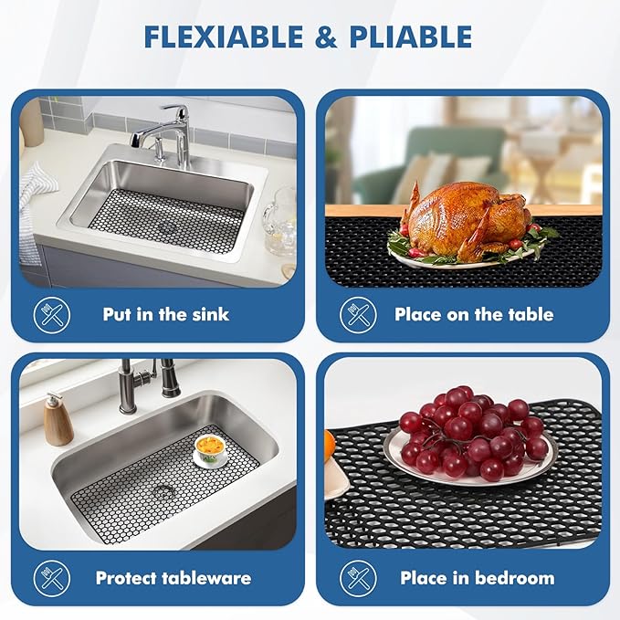 Silicone Sink Protectors for Kitchen Sink - 26"x 14" Kitchen Protector Accessory, Non-Slip Heat Resistant Mat for Bottom of Farmhouse Stainless Steel Porcelain, Dishwasher Safe (Black)